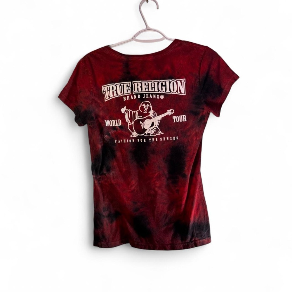True Religion Women's Red and Black Tie-Dye Graphic Tee